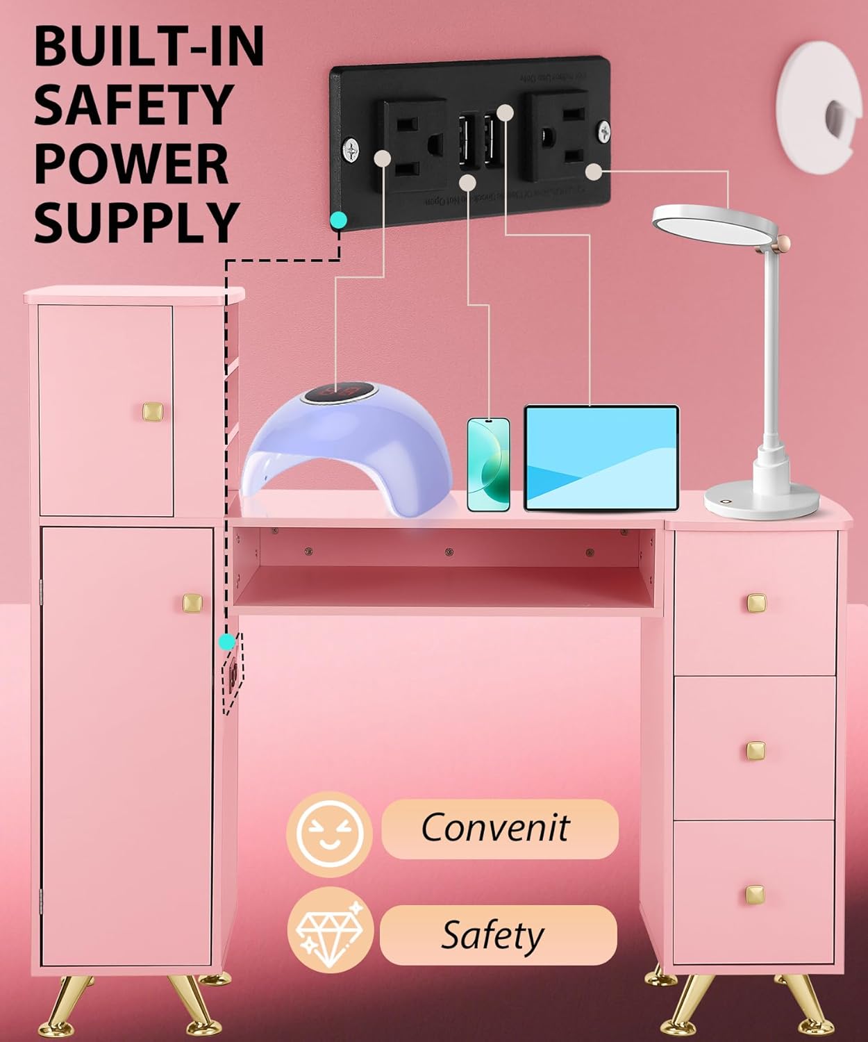 Meja Kuku Warna Pink untuk Tek - Beauty Makeup Desk ulasan dan harga