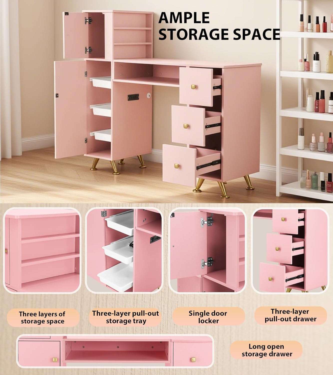 Meja Kuku Warna Pink untuk Tek - Beauty Makeup Desk ulasan dan harga